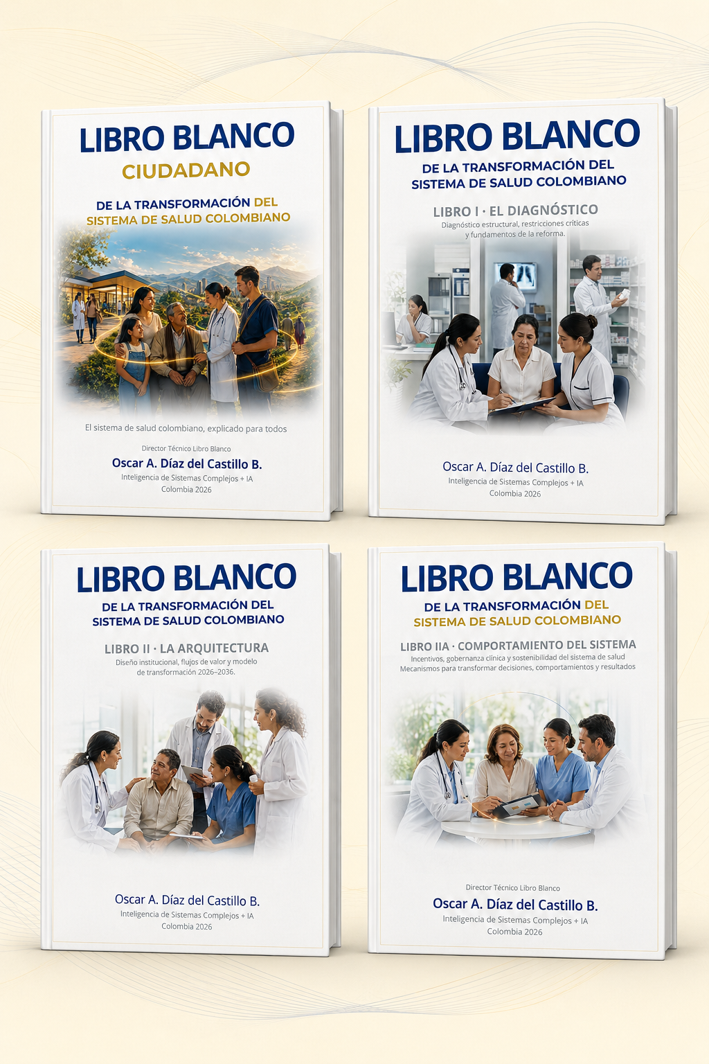 Mockup de la colección del Libro Blanco: Libro Ciudadano, Libro I, Libro II y Libro II-A.